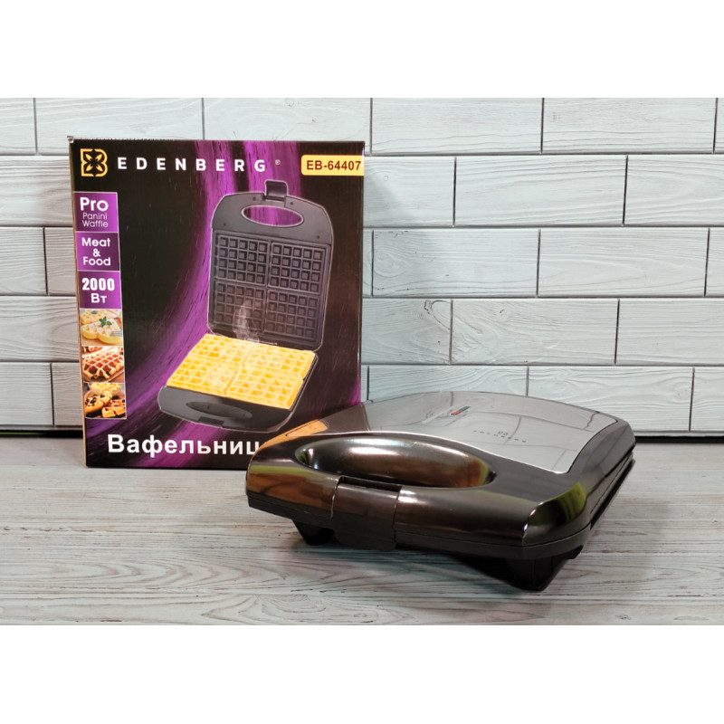 Електрична вафельниця для бельгійських вафель з антипригарним покриттям, захистом від перегріву та терморегулятором 2000Вт Edenberg EB-64407 Чорний/Сірий