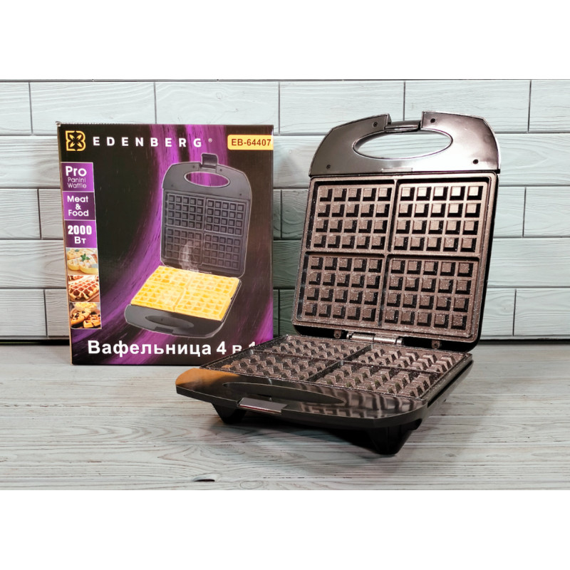 Електрична вафельниця для бельгійських вафель з антипригарним покриттям, захистом від перегріву та терморегулятором 2000Вт Edenberg EB-64407 Чорний/Сірий