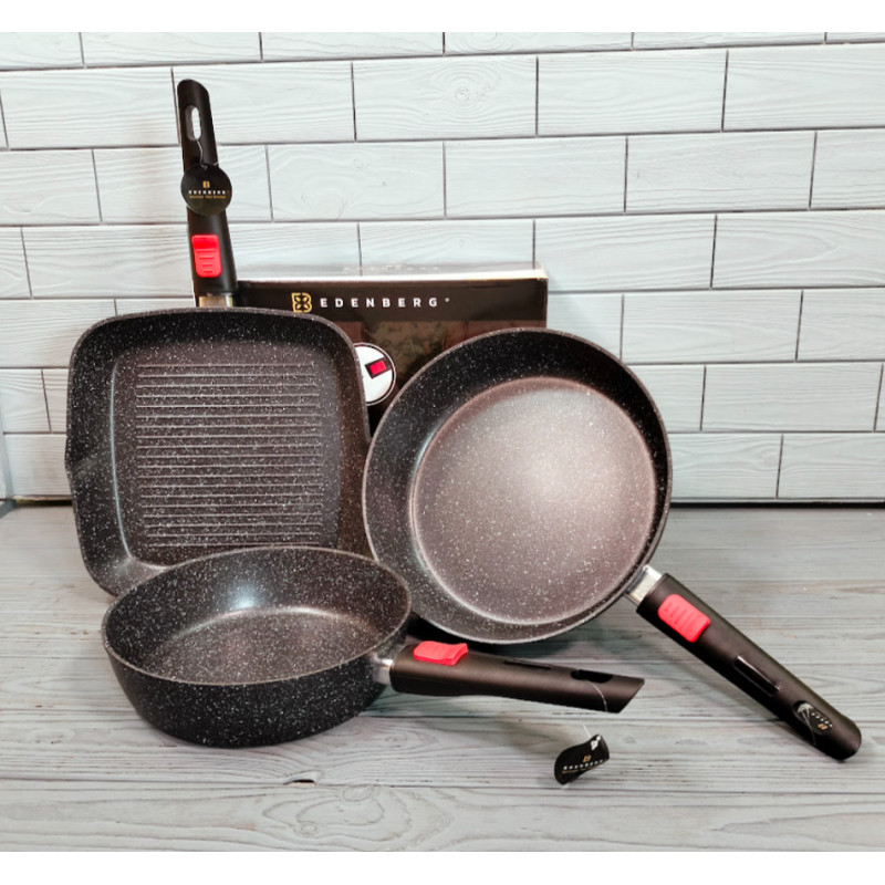 Набор сковородок 3шт 24/28/28 см Edenberg EB-14515 со съемными ручками с мраморным покрытием