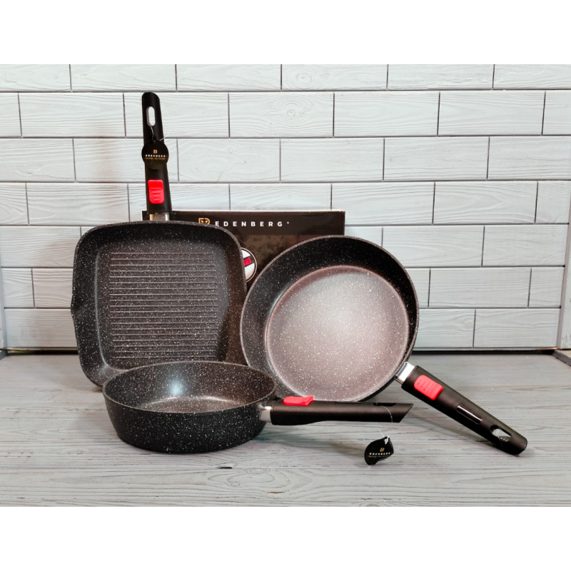 Набор сковородок 3шт 24/28/28 см Edenberg EB-14515 со съемными ручками с мраморным покрытием