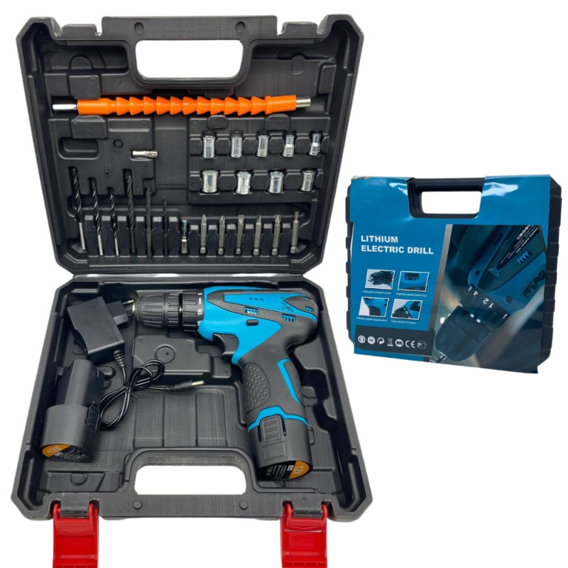 Шуруповерт акумуляторний Every One 1809 в кейсі з набором біт, свердлів і насадок з 2 акумуляторами 12V Black/Blue