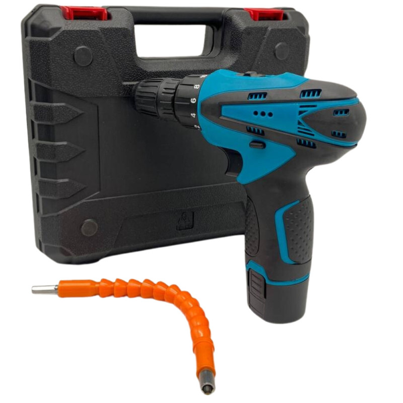 Шуруповерт акумуляторний Every One 1809 в кейсі з набором біт, свердлів і насадок з 2 акумуляторами 12V Black/Blue