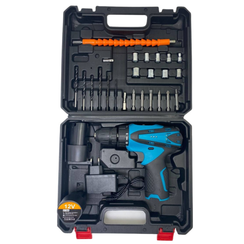 Шуруповерт акумуляторний Every One 1809 в кейсі з набором біт, свердлів і насадок з 2 акумуляторами 12V Black/Blue