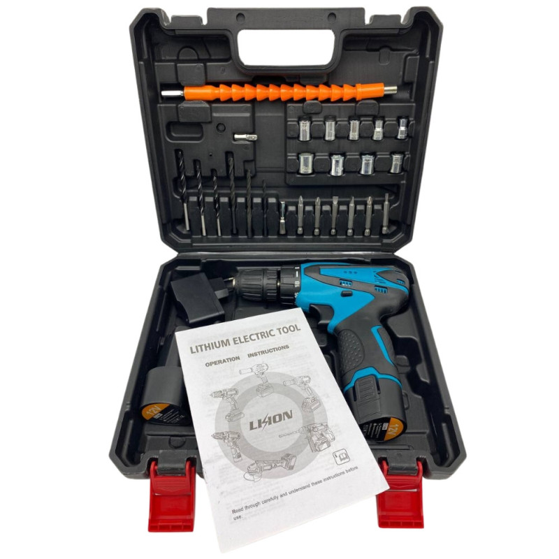 Шуруповерт акумуляторний Every One 1809 в кейсі з набором біт, свердлів і насадок з 2 акумуляторами 12V Black/Blue