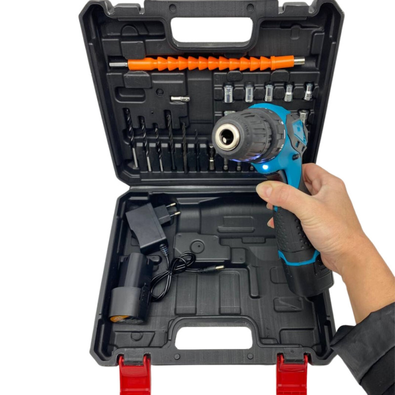 Шуруповерт акумуляторний Every One 1809 в кейсі з набором біт, свердлів і насадок з 2 акумуляторами 12V Black/Blue