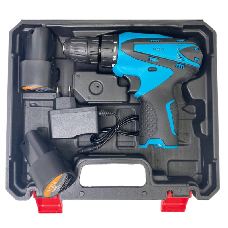 Шуруповерт акумуляторний Every One 1809 в кейсі з набором біт, свердлів і насадок з 2 акумуляторами 12V Black/Blue
