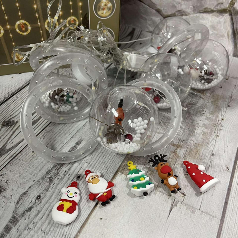 Гірлянда штора 3м з теплим жовтим світінням "Круги та кулі" ялинка, сніговик, дід мороз, олень, шапка SF-3 Warm