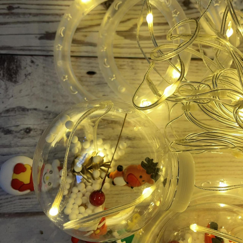 Гірлянда штора 3м з теплим жовтим світінням "Круги та кулі" ялинка, сніговик, дід мороз, олень, шапка SF-3 Warm