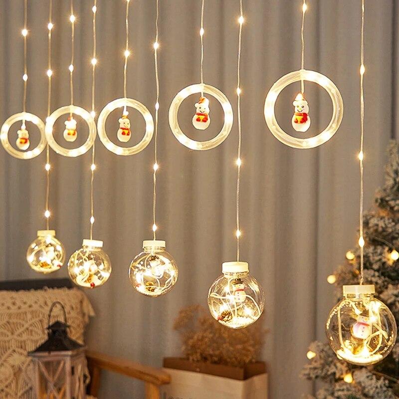 Гірлянда штора 3м з теплим жовтим світінням "Круги та кулі" ялинка, сніговик, дід мороз, олень, шапка SF-3 Warm