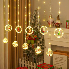 Гірлянда штора 3м з теплим жовтим світінням "Круги та кулі" ялинка, сніговик, дід мороз, олень, шапка SF-3 Warm