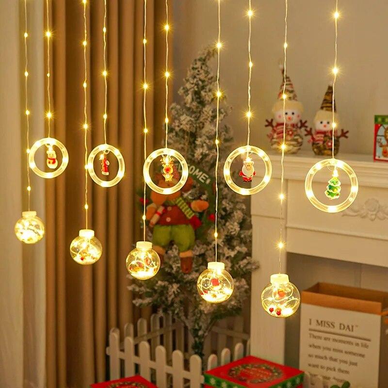 Гірлянда штора 3м з теплим жовтим світінням "Круги та кулі" ялинка, сніговик, дід мороз, олень, шапка SF-3 Warm