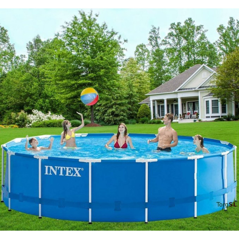 Каркасний басейн сімейний Intex 28242 457x122см 16805л з фільтр-насосом 3785л/год, сходами, тентом та підстилкою Синій