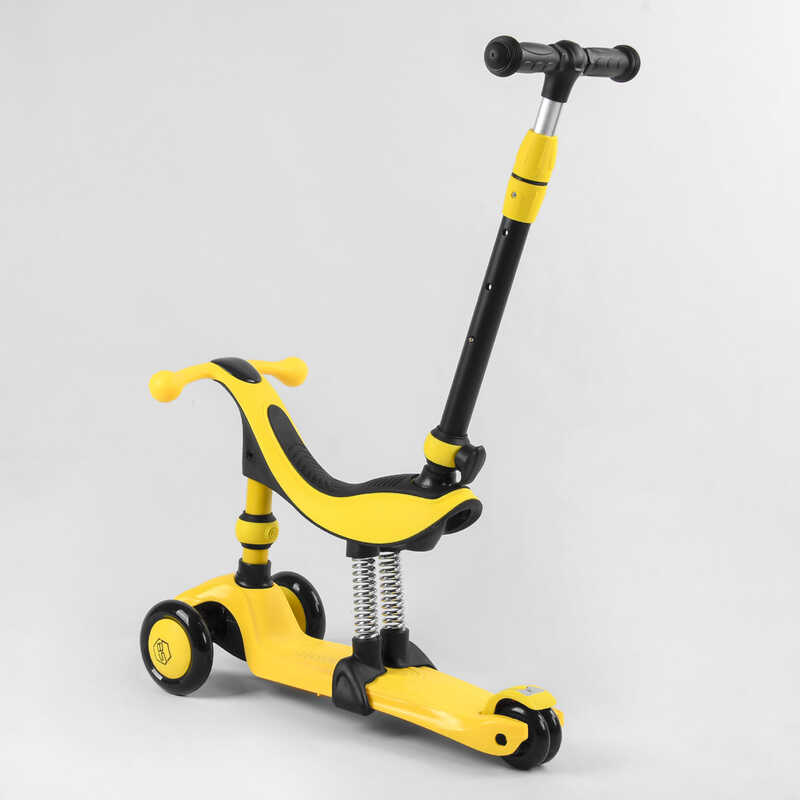 Дитячий самокат-біговів триколісний PU зі світлом, сидінням та амортизаторами 3в1 Best Scooter BS-38804 з батьківською ручкою Жовтий