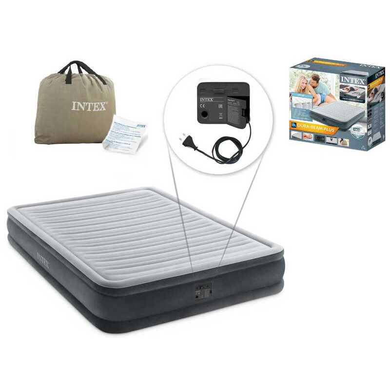 Матрац двомісний преміум-класу ПВХ з велюровим покриттям надувне ліжко з електронасосом 220V Intex 67770 Comfort Plush 152х203х33см Сірий