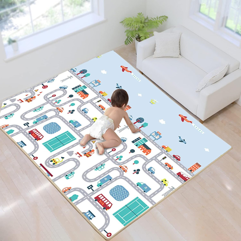 Двосторонній дитячий ігровий килимок Play Mat "Місто-океан" / Складаний розвиваючий термо-килимок для повзання