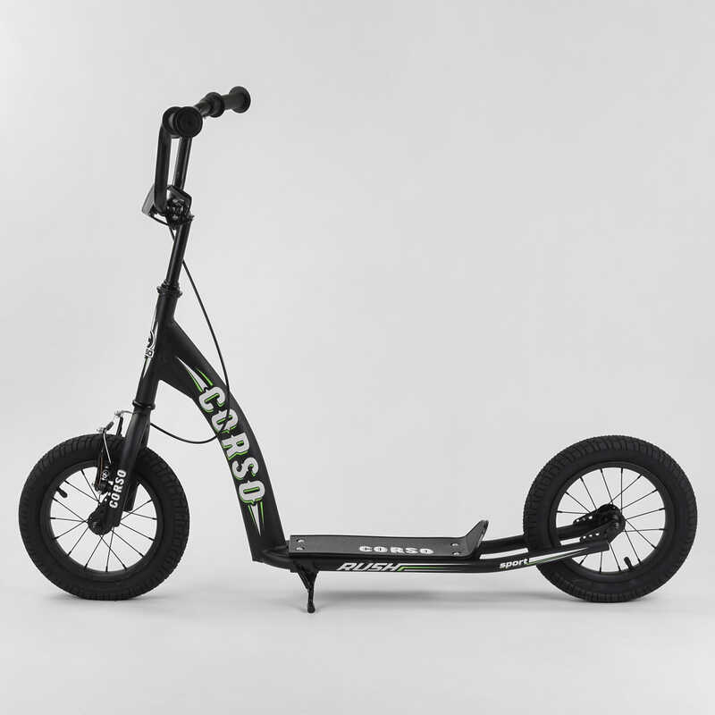Самокат міський двоколісний з великими надувними колесами 12" для дітей від 3 років Corso CR-T 0070 Чорний/Зелений