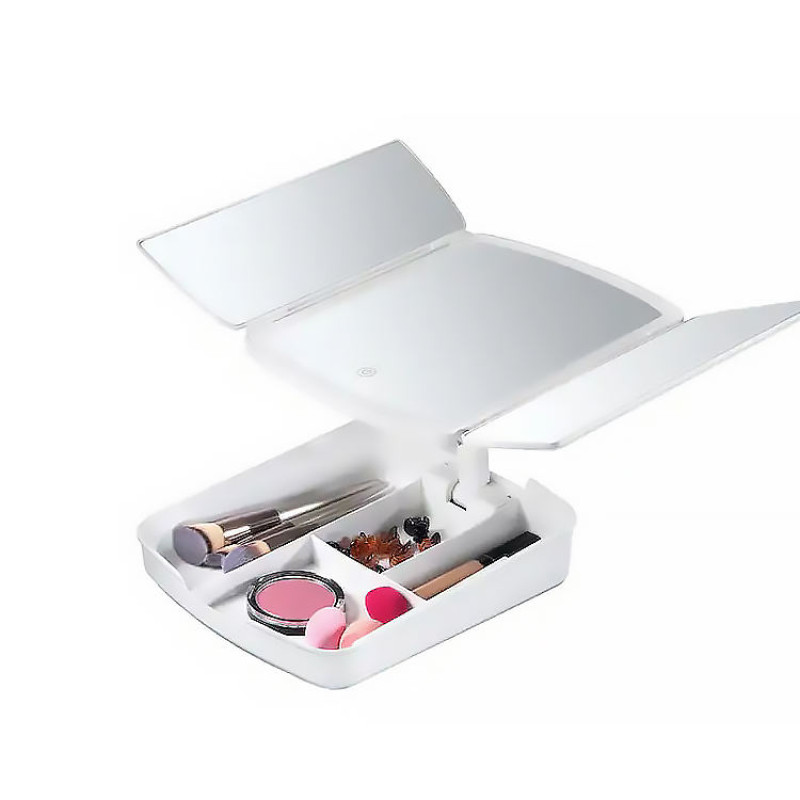 Дзеркало для макіяжу потрійне з LED підсвічуванням та нішою для зберігання косметики регульоване My Foldaway Mirror MA-17 Білий