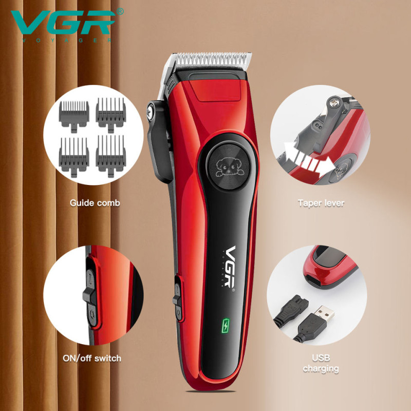 Професійна машинка для грумінгу акумуляторна для стрижки тварин собак та котів з 4 насадками VGR V-202 10Вт 1000мАч Red