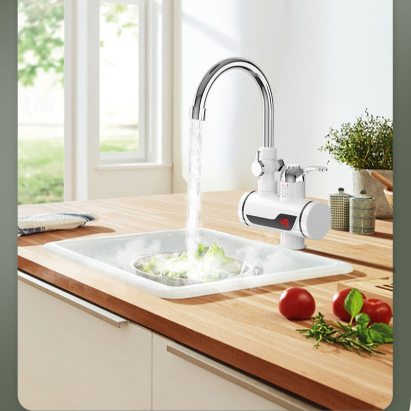 Електричний водонагрівач проточний для швидкого нагрівання води 3000Вт із LCD екраном та нижнім підключенням RX-001/S-471 Білий