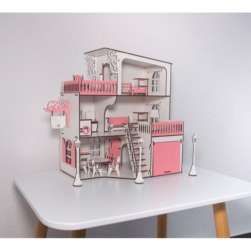 Ляльковий будиночок для ляльок LOL на 4 кімнати ДВП з гаражем і машинкою 42x36x16см Рожевий/Білий