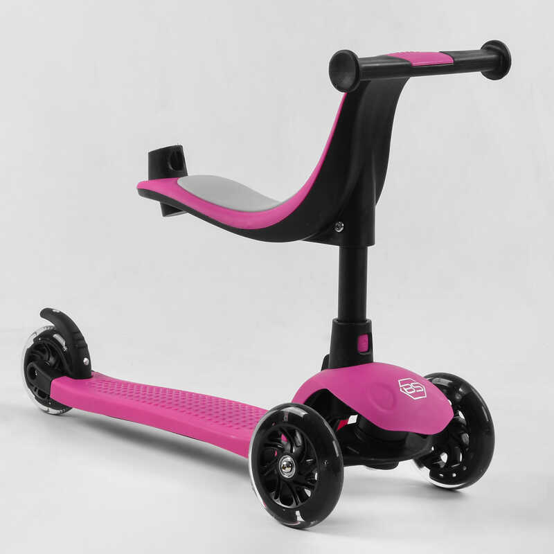 Дитячий самокат-біговів триколісний PU зі світлом, сидінням та амортизаторами 3в1 Best Scooter PL-105 з батьківською ручкою Рожевий