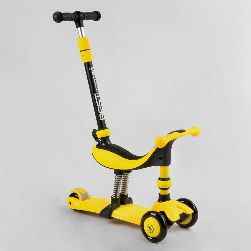 Дитячий самокат-біговів триколісний PU зі світлом, сидінням та амортизаторами 3в1 Best Scooter BS-38804 з батьківською ручкою Жовтий
