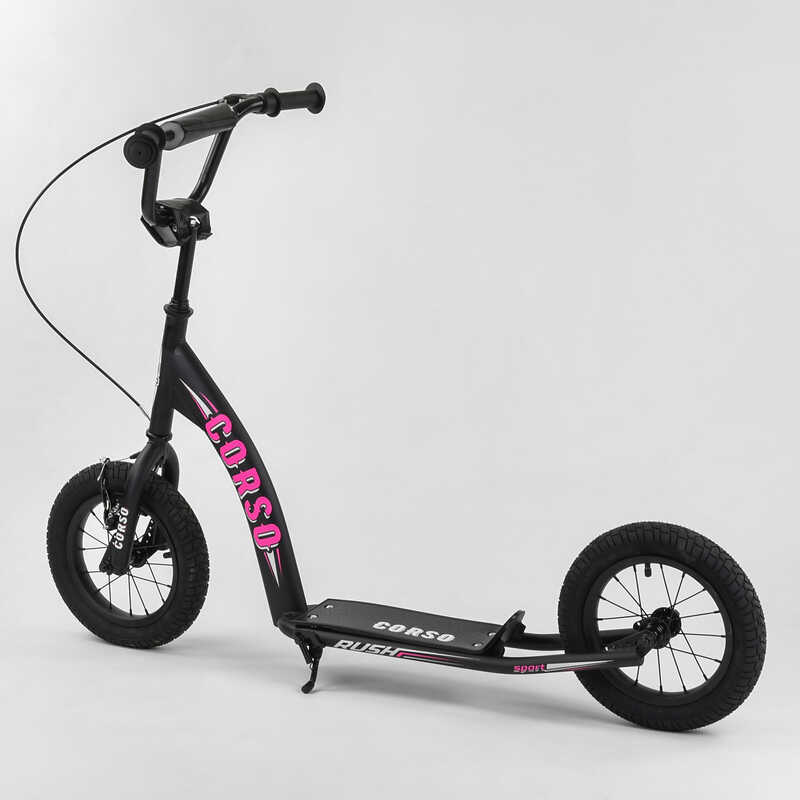 Самокат міський двоколісний з великими надувними колесами 12" для дітей від 3 років Corso CR-T 9490 Чорний/Рожевий