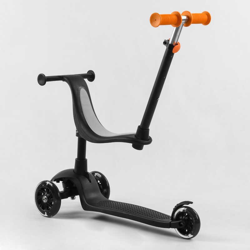 Дитячий самокат-біговів триколісний PU зі світлом, сидінням та амортизаторами 3в1 Best Scooter PL-209 з батьківською ручкою Чорно-Помаранчевий