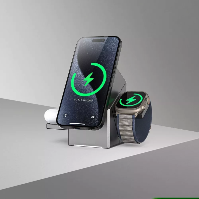 Бездротовий зарядний пристрій 15W 3в1 Qi2 універсальна док-станція 15W Proove Iron Hide Gray