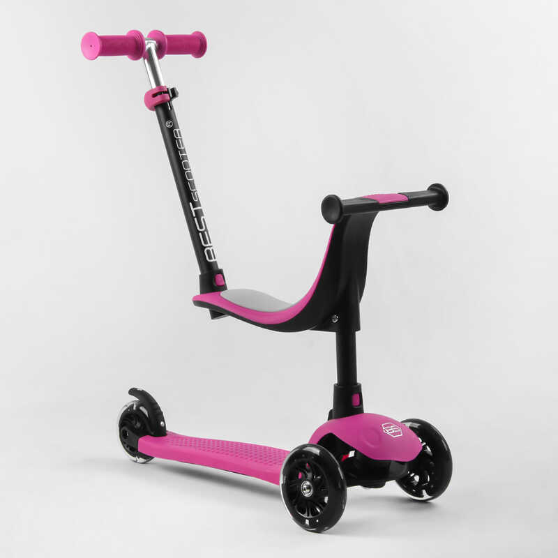 Дитячий самокат-біговів триколісний PU зі світлом, сидінням та амортизаторами 3в1 Best Scooter PL-105 з батьківською ручкою Рожевий