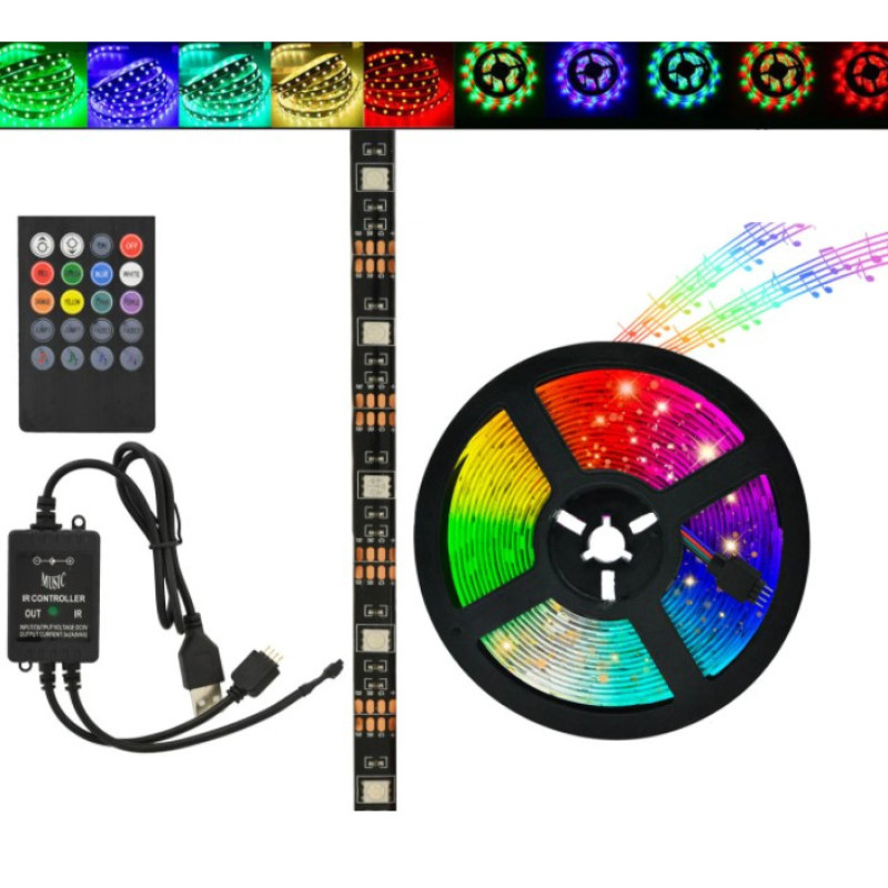 Світлодіодна LED стрічка з пультом контролер та блок живлення USB, 5м SMD 5050 RGB IP65 Multicolor