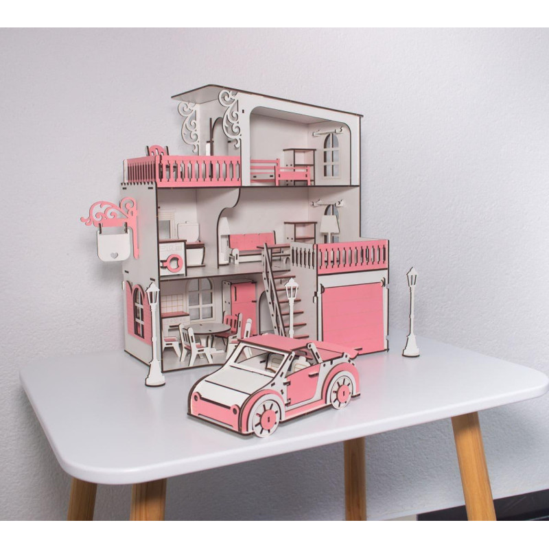 Ляльковий будиночок для ляльок LOL на 4 кімнати ДВП з гаражем і машинкою 42x36x16см Рожевий/Білий