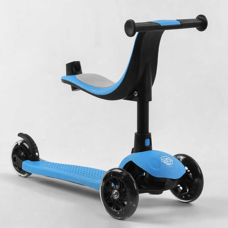 Дитячий самокат-біговів триколісний PU зі світлом, сидінням та амортизаторами 3в1 Best Scooter PL-422 з батьківською ручкою Синій