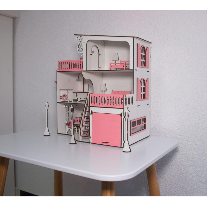 Ляльковий будиночок для ляльок LOL на 4 кімнати ДВП з гаражем і машинкою 42x36x16см Рожевий/Білий