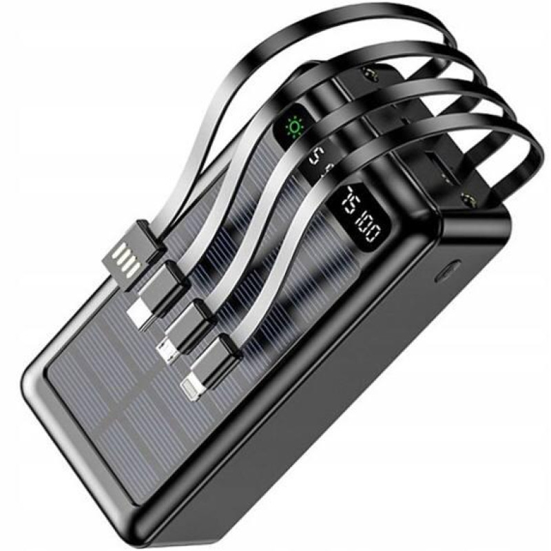 Портативний зарядний пристрій 30000 mAh із сонячною панеллю та 4-ма вбудованими шнурами USB microUSB Type-C Lightning K-300 Чорний