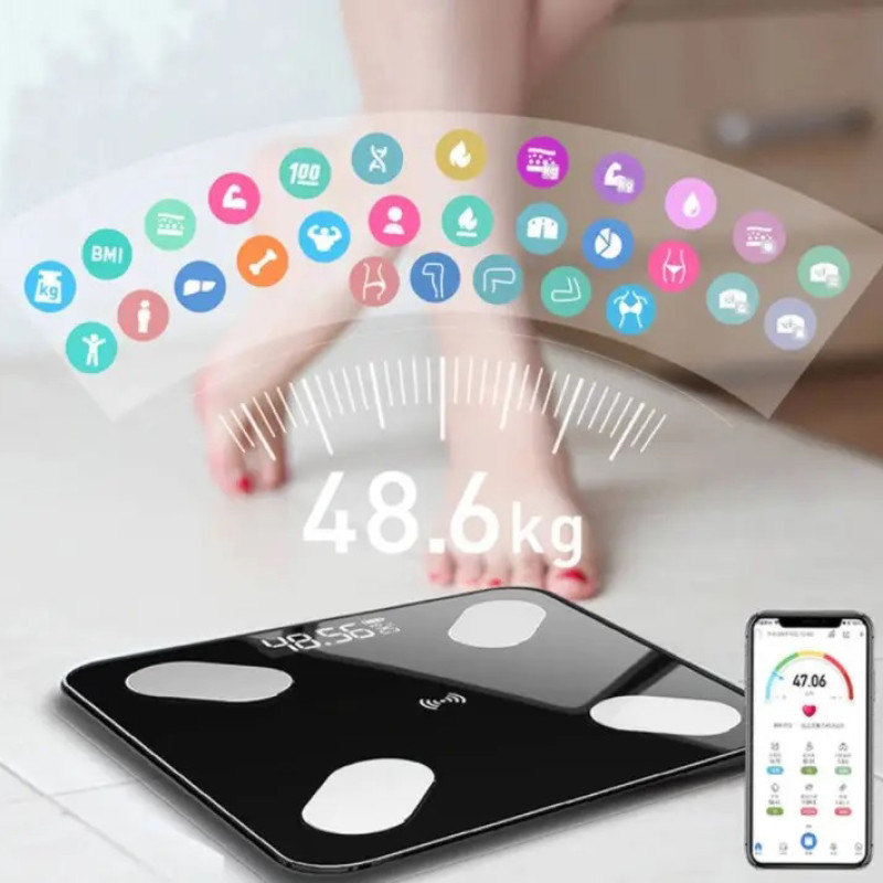 Ваги підлогові розумні фітнес електронні скляні з додатком на смартфон Matarix MX-454 App Bluetooth 180кг квадратні Чорний