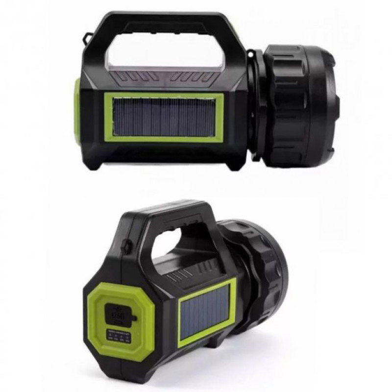 LED Ліхтар переносний кемпінговий з сонячною панеллю та функцією повербанку T95-LED+COB Чорно-зелений