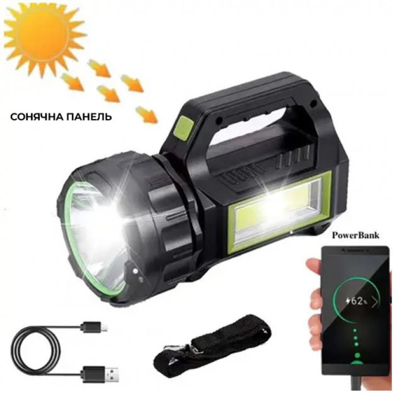 LED Ліхтар переносний кемпінговий з сонячною панеллю та функцією повербанку T95-LED+COB Чорно-зелений
