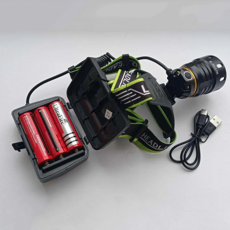 Налобний LED ліхтар потужний акумуляторний з зумом 3 режимами Police BL-A14-3-P90 microUSB 3х18650 Чорний