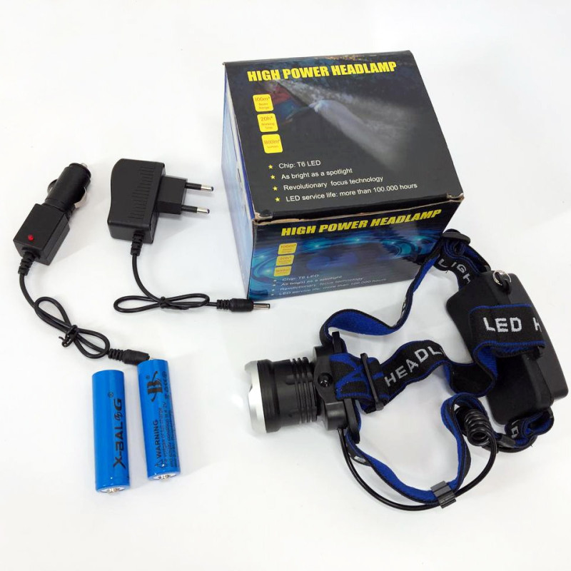 Налобний LED ліхтар алюмінієвий з двома акумуляторами 18650 та 3 режими роботи дальність 500м 10Вт Bailong BL-T24-P50 Black/Blue