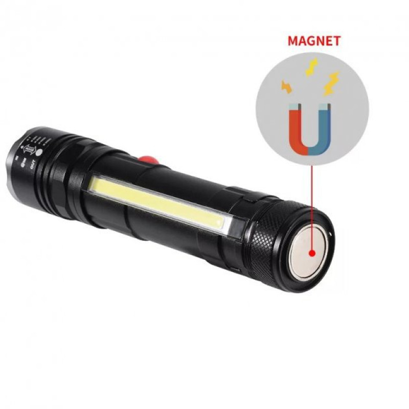 Ручний ліхтар компактний туристичний з 4 режимами роботи магніт/zoom microUSB акумуляторний 18650 метал Police T6-26+T6+COB Чорний