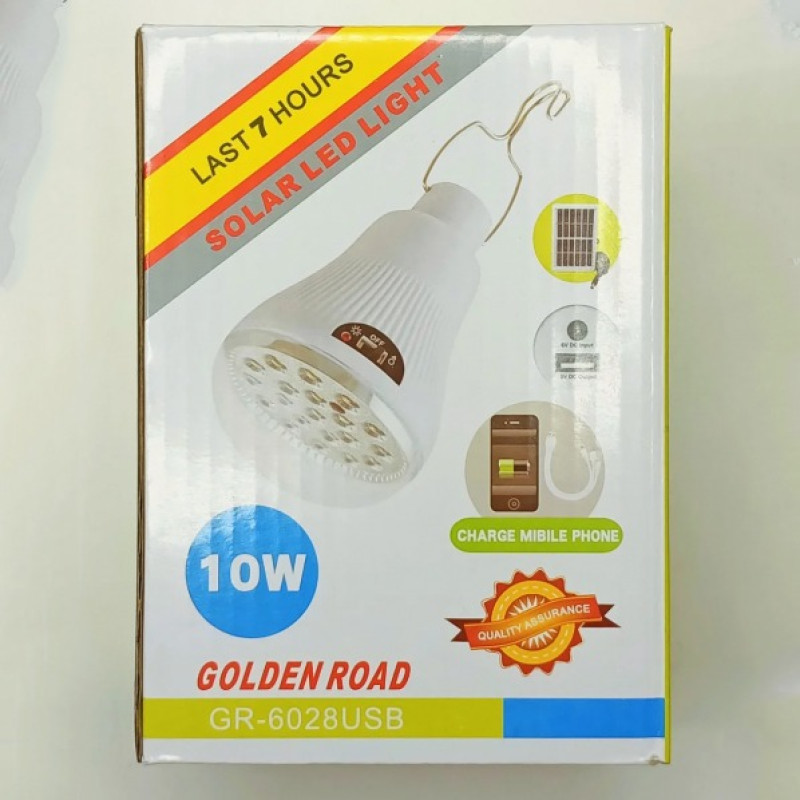 LED лампочка акумуляторна із сонячною панеллю на гачку 10В Golden Road GR 6028 USB Білий