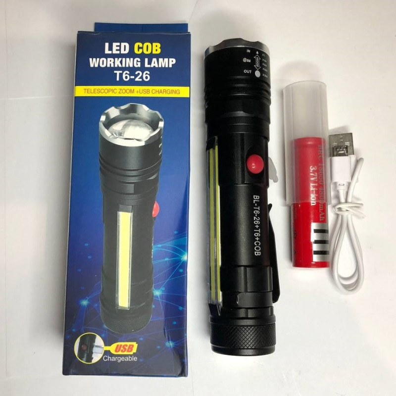 Ручний ліхтар компактний туристичний з 4 режимами роботи магніт/zoom microUSB акумуляторний 18650 метал Police T6-26+T6+COB Чорний