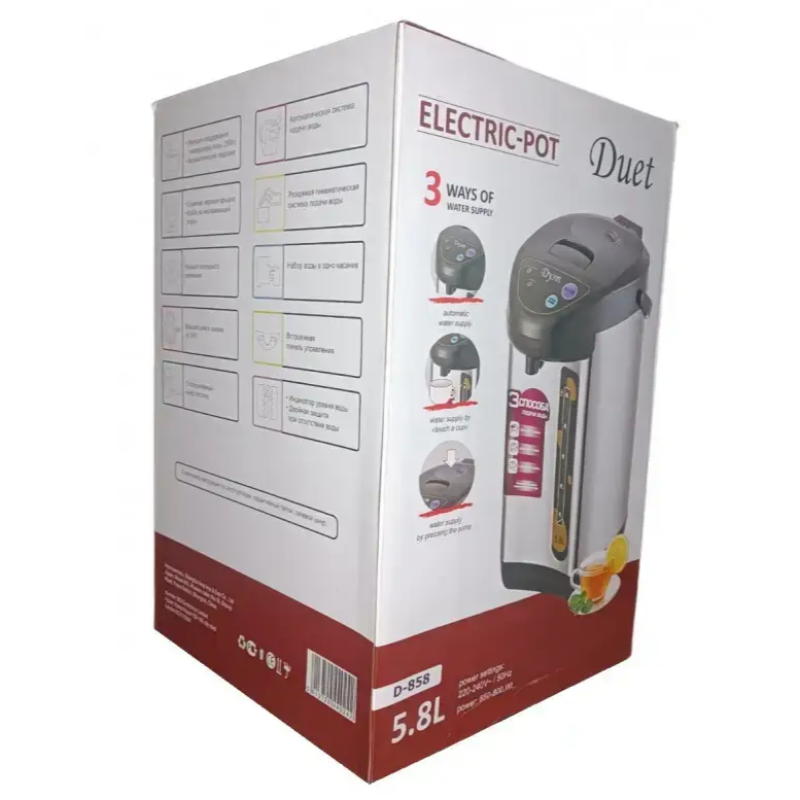 Термопот електричний 5.8л нержавіюча сталь 3 способи подачі рідини 900Вт Duet Thermo Pot D-858 Silver